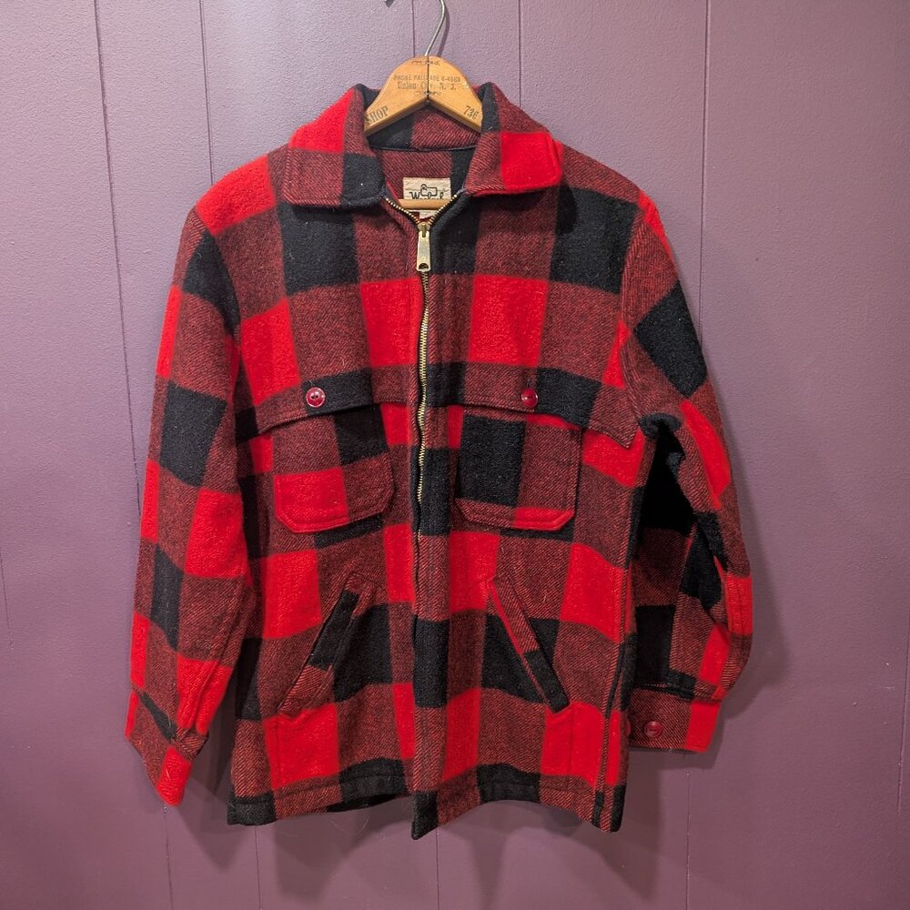 Vintage 60s 70s Woolrich Buffalo Checkered Plaid Wool Mackinaw Jacket 28 Small